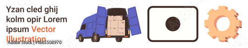 Logistics, transportation, supply chain, packaging solutions, industrial processes, delivery services. Blue truck with cargo, geometric shapes and gear icon. Logistics and transportation concept