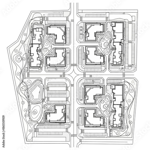 Aerial View of Residential Development Plan with Buildings and Parking.