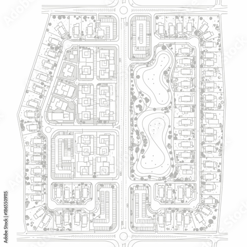 Aerial View of Urban Residential Development Plan with Green Spaces.