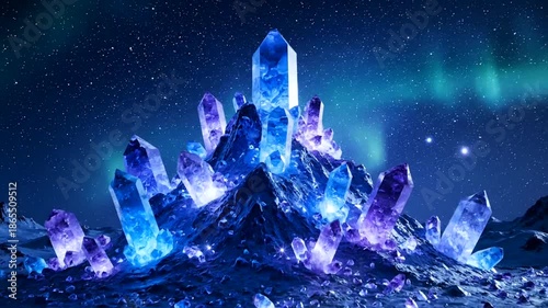 Mystical Crystals Under Aurora Borealis, Fantasy Landscape Animation.