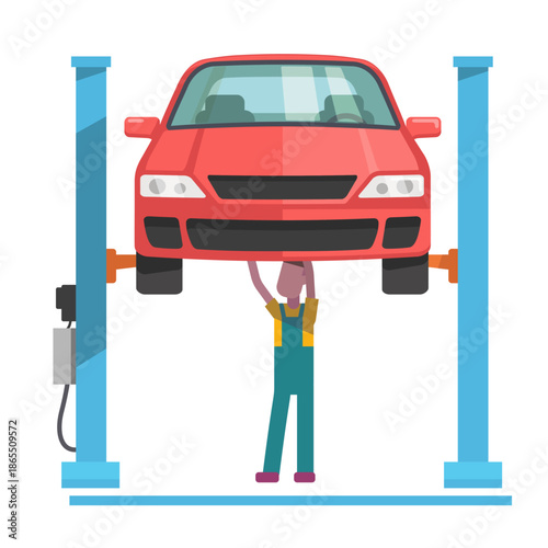 Flat vector illustration of a car mechanic repairing a vehicle on a hydraulic lift in an auto repair shop. Concept of car maintenance, service, and automotive workshop.