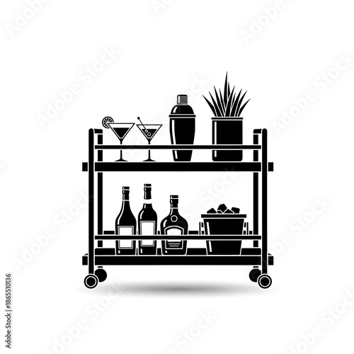 Flat black and white icon of a modern bar cart decor