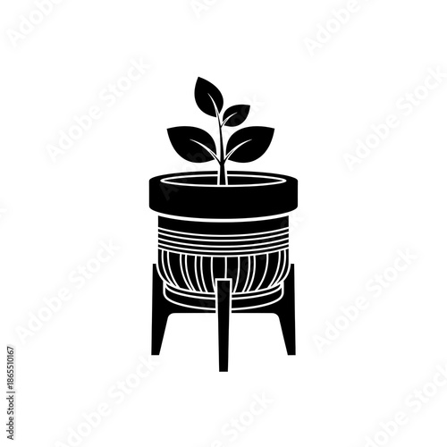 Flat black and white icon of a decorative plant pot with stand