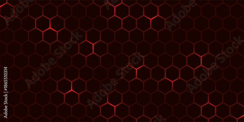 Hexagon game background with glowing red honeycomb grid on black surface. Abstract geometric pattern of connected cells for futuristic interface design. Digital technology bg with luminous edges.