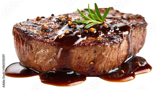 grilled beef steak on wooden board isolated on white background, HD realistic