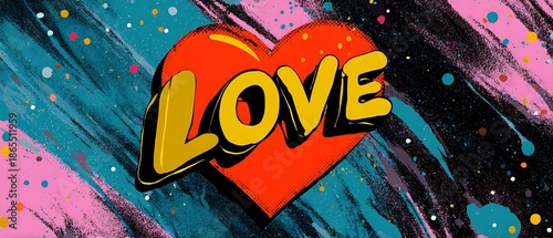 Vibrant Pop Art Heart Design with Love Text and Colorful Background Splashes