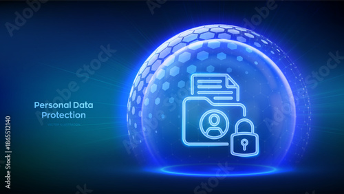 Personal data protection. Cyber security. Personal data security. GDPR. Protected folder icon inside transparent sphere shield with hexagon pattern. Internet privacy and safety. Vector illustration.