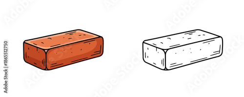 Single red clay brick in cartoon sketch style with orange and brown colors representing construction material or building industry on white background