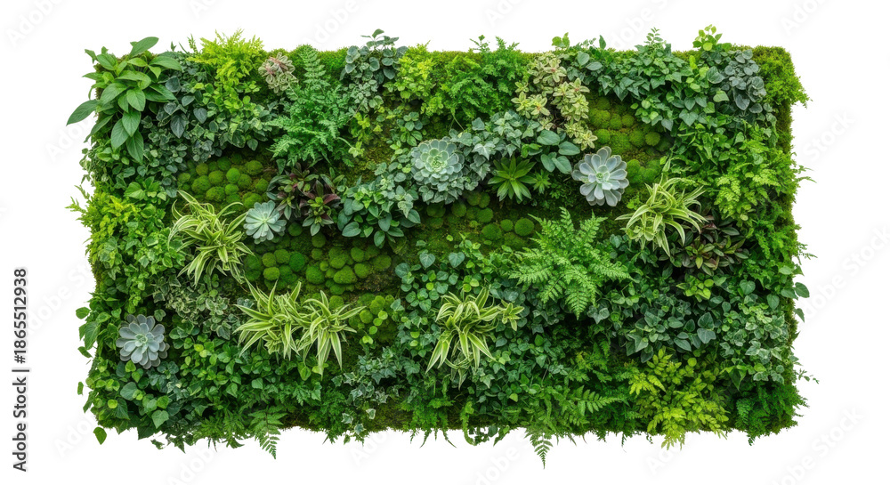 Obraz premium Lush green vertical garden wall with diverse plants and moss image, Isolated On Png Transparent Background