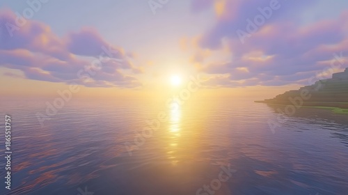 Golden sunlight illuminates a tranquil sea surface near a stepped coastline during sunset