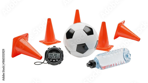 A collection of soccer training equipment including cones, a ball, stopwatch, and water bottle on transparent background