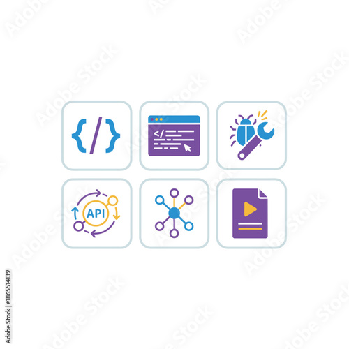 Web Development and Software Engineering Icons Set Featuring Code Brackets API Browser Debugging Network and Video Media File Symbols for Programming Services