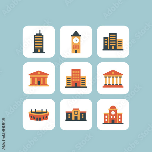 Urban Architecture and City Buildings Icons Set Featuring Skyscrapers City Hall Stadium Government Building Clock Tower and Commercial Real Estate Symbols for Design