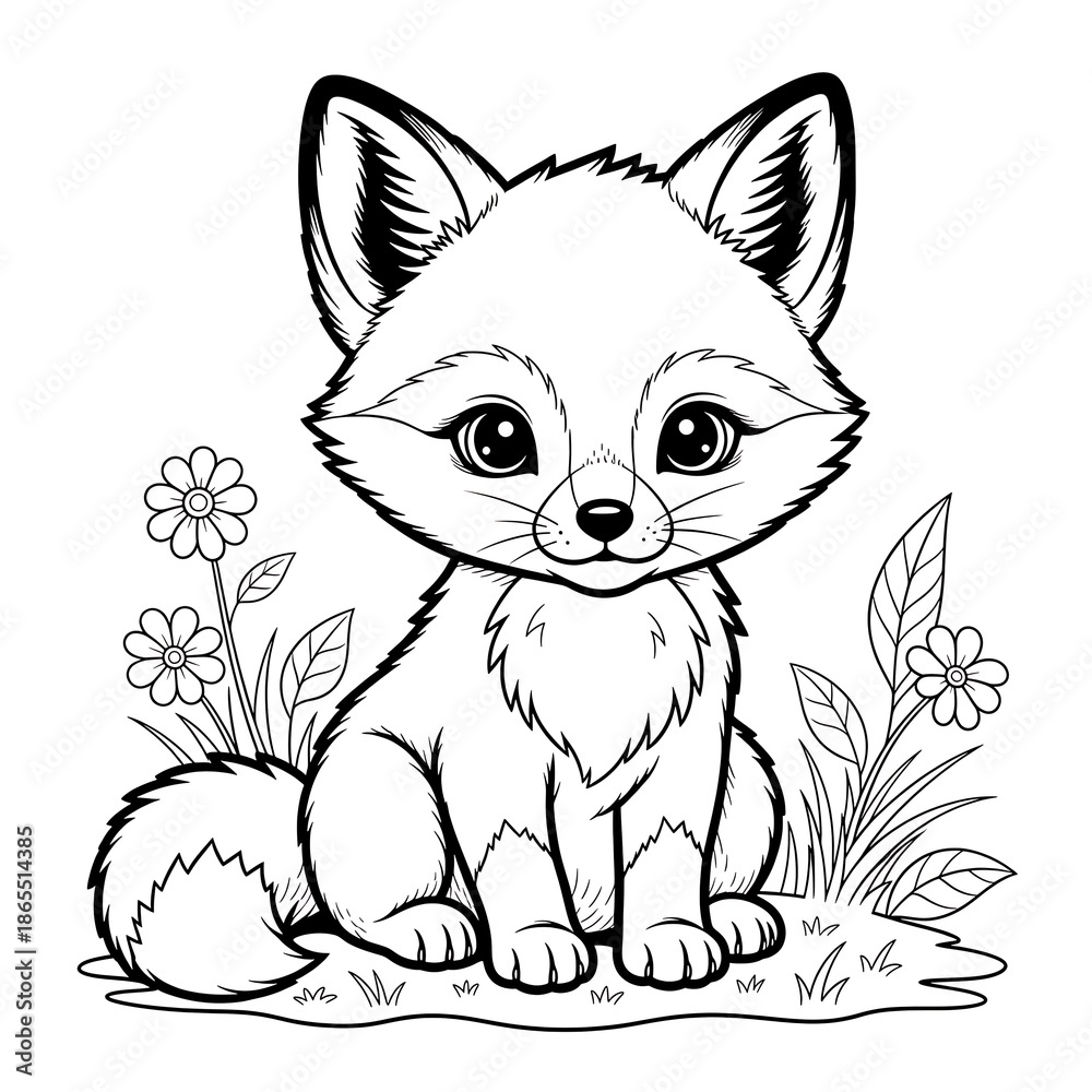 Obraz premium Cartoon drawing of a cute fox sitting on grass with flowers.