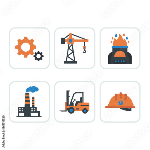 Heavy Industry and Manufacturing Plant Icons Set Featuring Factory Gears Construction Crane Forklift Smelter and Safety Helmet Symbols for Industrial Production
