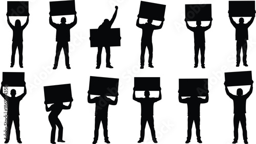 Protesters silhouettes vector set, people holding blank placards and signs for protest, activist group demonstration icons for social justice and strike, isolated.