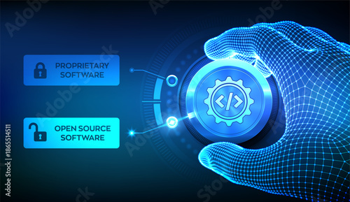 Proprietary vs Open Source Software technology concept. Hand adjusting knob to switch to open source software. Programming and coding, software development, IT solutions. Vector illustration.