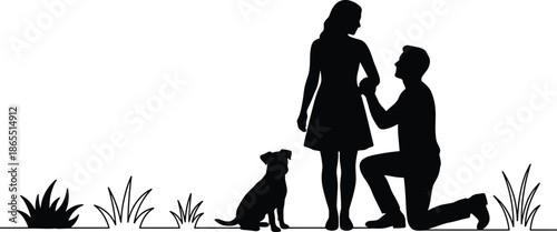 Man proposing marriage silhouette with dog outdoors romantic engagement moment couple love commitment proposal concept isolated background illustration evening scene