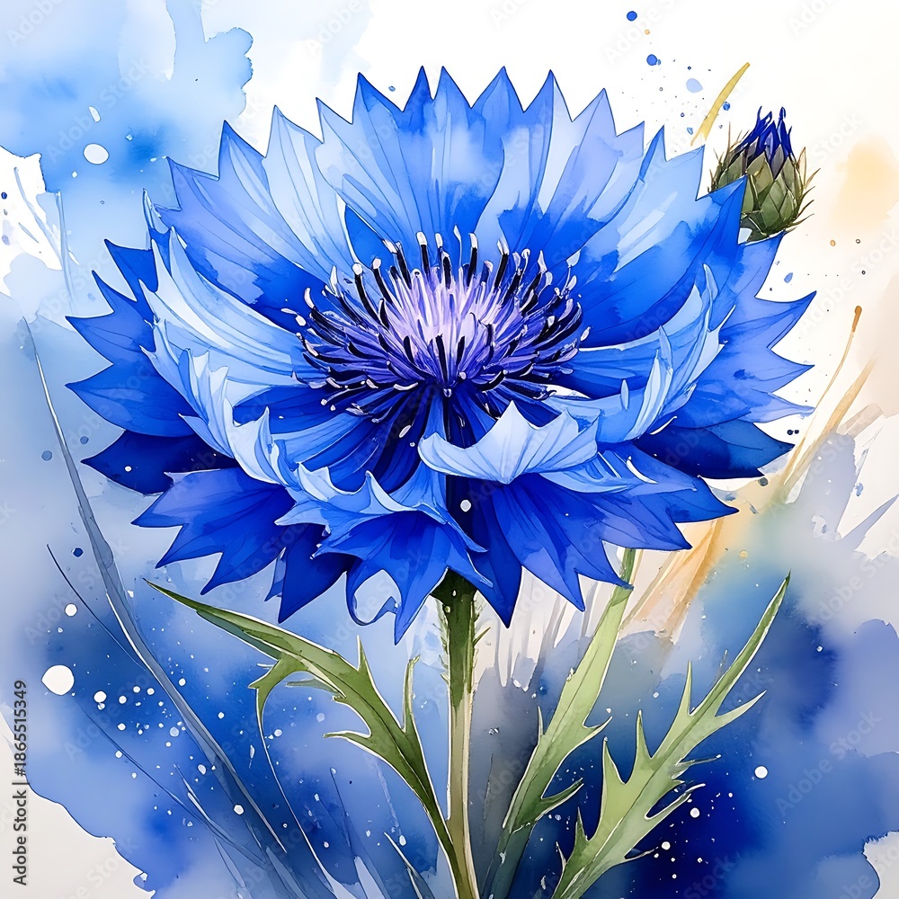 Obraz premium Vivid, stylized watercolor cornflower painting. Intense blue petals surround dark center, with artistic paint splatters