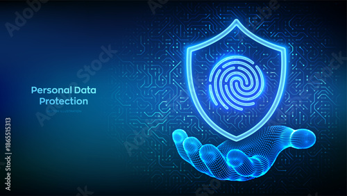 Protection shield with Fingerprint icon in wireframe hand. Personal data protection. Biometric identification. Cyber security. Password control. Circuit board pattern background. Vector Illustration.