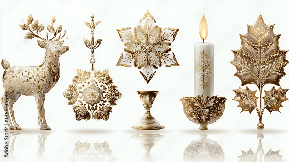 Fototapeta premium Gilded Winter Elegance: Ornate Reindeer, Snowflake, and Candle Decorative Art
