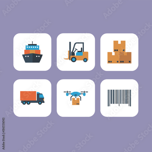 Logistics and global shipping industry icons set showing cargo ship forklift cardboard boxes orange delivery truck drone delivery and product barcode for supply chain management