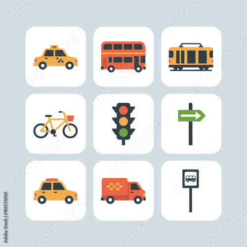 Urban public transportation and city traffic icons set featuring taxi cab double decker bus tram bicycle traffic light street sign van and bus stop for commuting