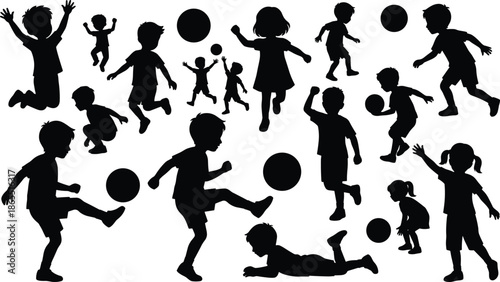 Kids silhouettes playing with ball set, active children jumping running kicking poses, playful childhood scenes, black isolated vector illustration