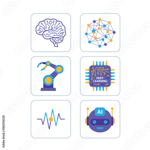 Artificial intelligence and deep learning icons set featuring digital brain neural network robotic arm computer chip AI bot and signal for future technology concepts