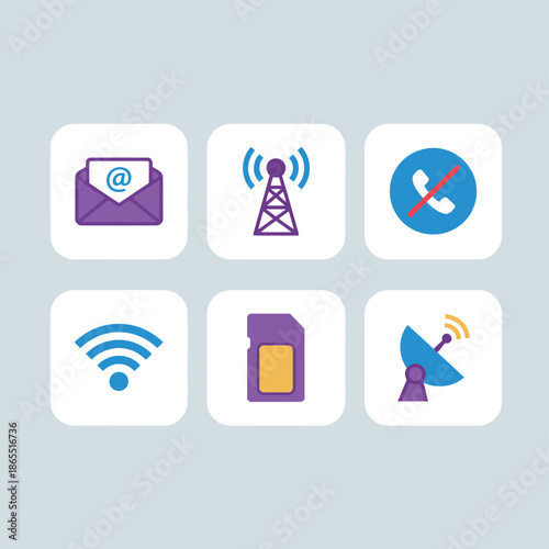 Communication and wireless technology icons set showing email envelope signal tower no phone zone wifi symbol sim card and satellite dish for connectivity concept