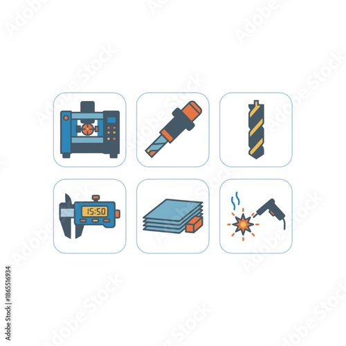 Industrial manufacturing and metalwork icons set featuring CNC machine, drill bits, digital caliper, metal sheets and welding process symbols for engineering and factory production industry