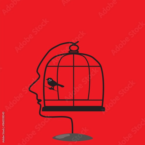 Birdcage inside a human profile silhouette, mental imprisonment concept.