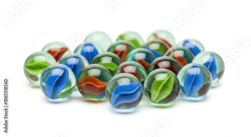 A collection of colorful glass marbles on a white background.