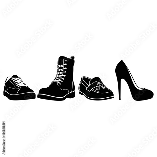 A collection of varied footwear sneakers boots loafers and a high heel