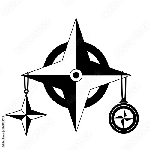 Black and white graphic of a compass rose with additional navigational symbols
