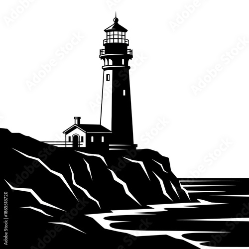 A striking black and white illustration of a lighthouse on a rocky coast