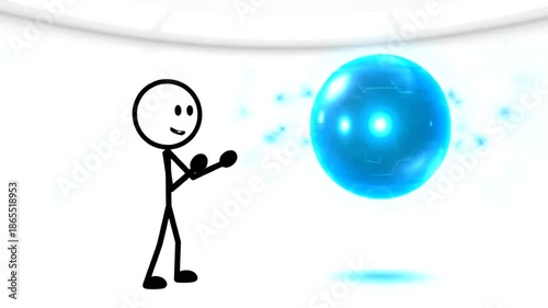 Stick Figure Interacting with a Glowing Blue Sphere Animation.