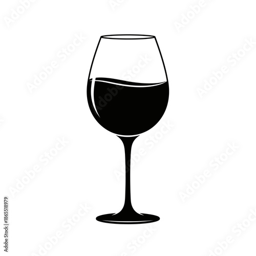 A simple black and white illustration of a wine glass partially filled