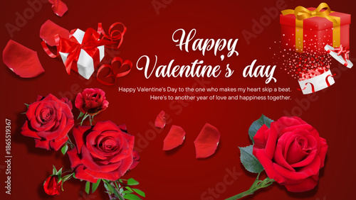 Happy Valentine's Day card with Pink and Red Paper Hearts Decorated on Abstract Background.  Valentines day poster