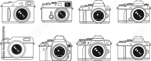 Collection of digital and vintage camera line icons, photography device illustrations, detailed camera designs for creative projects, professional photo equipment artwork