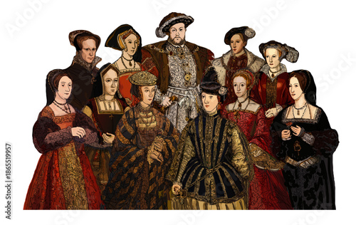 Konstfotografi Henry VIII (1491- 1547) with six wives and children, Mary I, Elizabeth I, Edward VI, and Henry FitzRoy