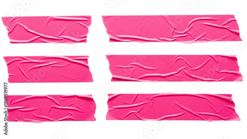 Collection of six pink gaffer tape pieces with textured surfaces isolated on transparent background transparent background