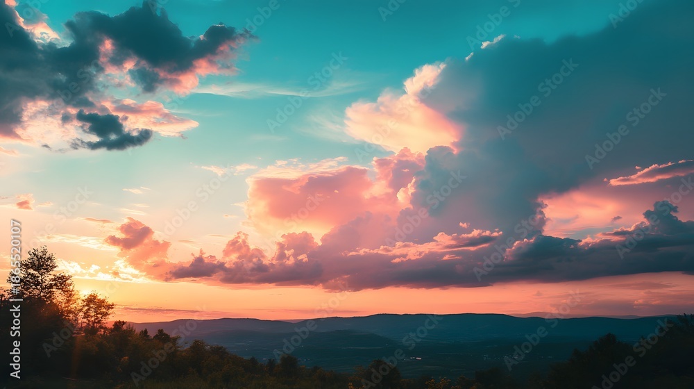 Fototapeta premium Vibrant sunset sky with pink, blue, and orange clouds over a mountain range.