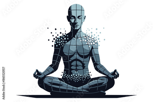 Robot sitting in yoga pose with dots coming out of body  meditative cyborg