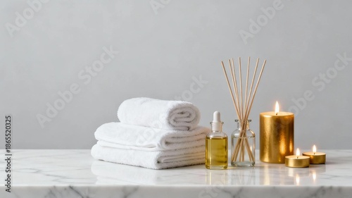 Luxury Spa Still Life with White Towels Aromatherapy Oils and Reed Diffuser