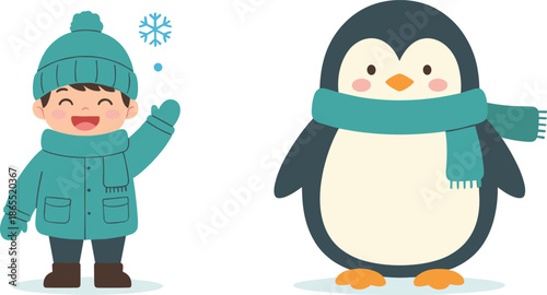 Cute cartoon boy in winter coat waving at a snowflake and a friendly penguin wearing a matching teal scarf for seasonal holiday design.