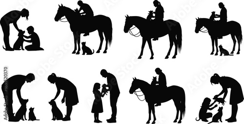 Human animal interaction silhouettes, dog cat horse bonding, family pet care, emotional connection, black vector art, peaceful companion scenes