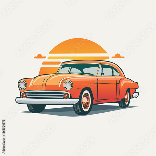 Retro Orange Classic Car Driving into a Stylized Sunset Illustration on White