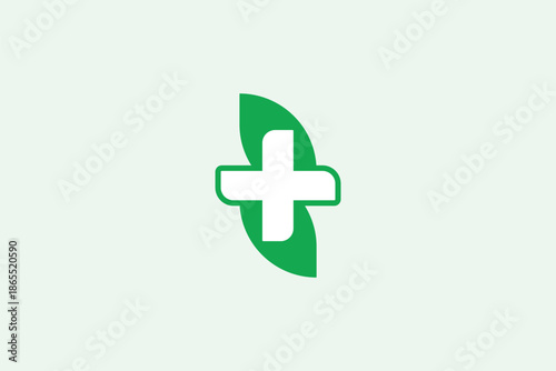 A modern, minimalist green logo design, ingeniously combining a medical "cross" or "plus" symbol with a flowing "leaf" element.