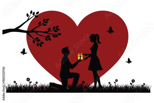 man proposing to woman with gift box in front of big red heart  romantic couple silhouette